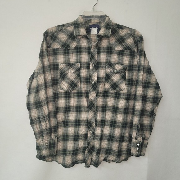 Wrangler Men XL Green Plaid Flannel Western Shirt Long Sleeve Snap Button Cowboy - Picture 1 of 10